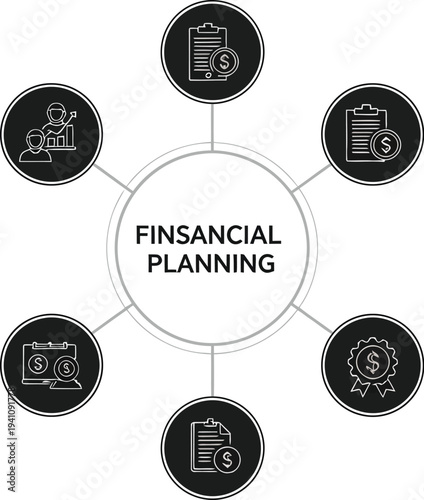 Financial planning diagram shows various connected icons representing contracts, rewards, and monetary consultation services.