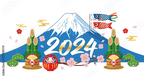 2024 New Year Celebration Mount Fuji Japan with Daruma and Carp Streamers