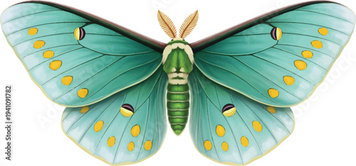 Green Butterfly with Yellow Spots on White Background