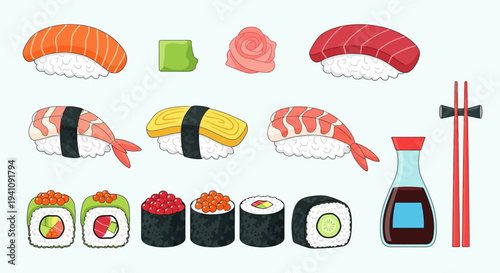 Assortment of Sushi and Sashimi Dishes with Chopsticks and Soy Sauce