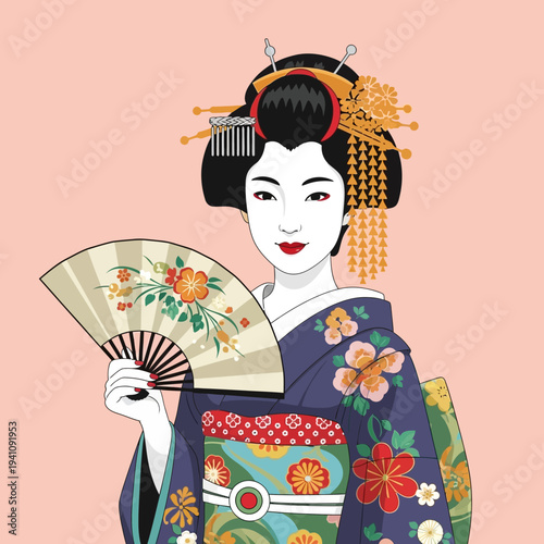Japanese Woman in Kimono Holding Fan, Traditional Asian Beauty Illustration