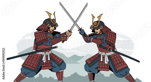 Two Samurai Warriors in Traditional Armor with Swords Crossed in a Standoff