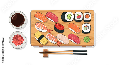 Assortment of Fresh Sushi and Sashimi on Wooden Platter with Soy Sauce and Ginger