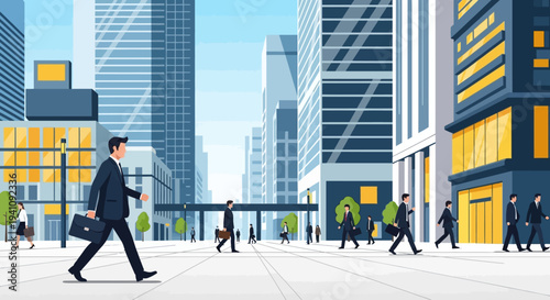 Business People Walking on City Street with Modern Skyscrapers