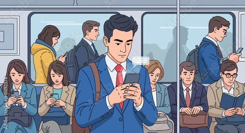 Commuters using smartphones on a crowded subway train during rush hour