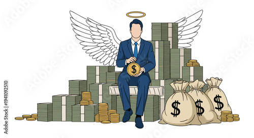 Wealthy angel investor in business suit sitting on stacks of money and gold coins representing financial support for startups.