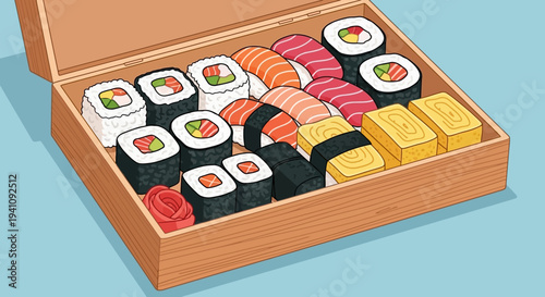 Japanese Sushi Bento Box with Assorted Fresh Maki and Nigiri Rolls