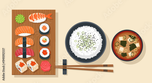 Japanese Sushi Platter with Miso Soup, Rice, and Chopsticks