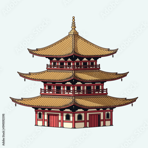 Traditional Japanese Pagoda Architecture Illustration. Ancient Asian Temple Building.