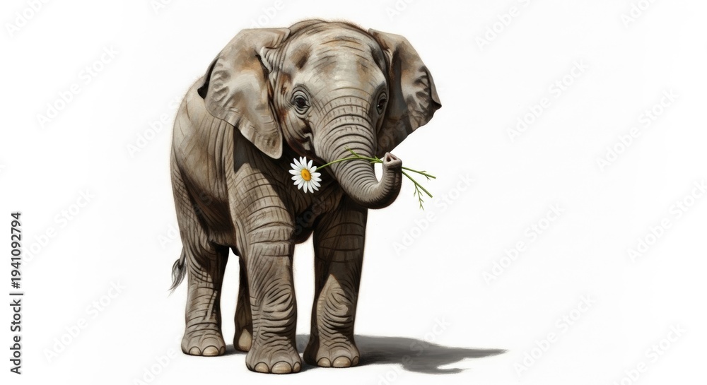 Fototapeta premium Digital illustration of a cute baby elephant holding a daisy flower