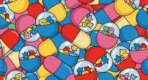 Colorful capsule toys with cute animal figures inside, playful pattern