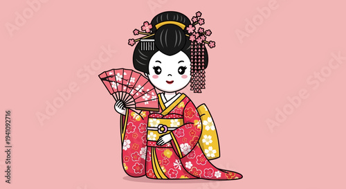 Cute Japanese Geisha Cartoon Character Holding a Fan on Pink Background