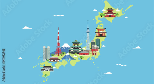 Japan Map Landmarks Travel Destinations Icons Flat Design Vector Illustration