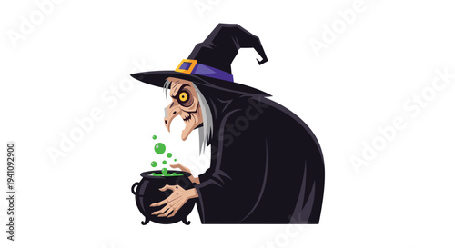 Creepy old witch stirring a bubbling green potion in a black cauldron for Halloween holiday and spooky fantasy theme.