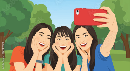 A vibrant illustration of three happy young women sharing a fun moment, taking a selfie with a smartphone amidst a beautiful outdoor park scene