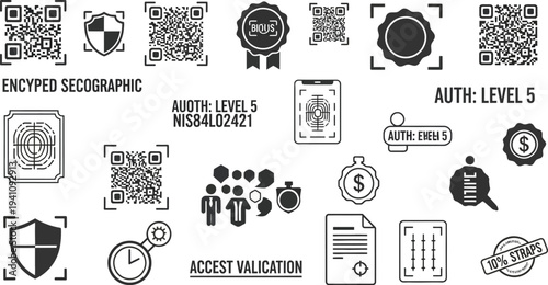 A security and authentication graphic displays multiple QR codes, biometric verification icons, seals of approval, and contract documents.