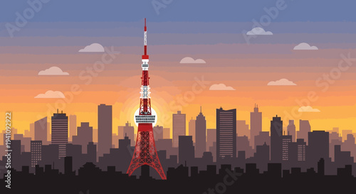 Tokyo Tower Skyline at Sunset, Iconic Landmark in Japan Cityscape
