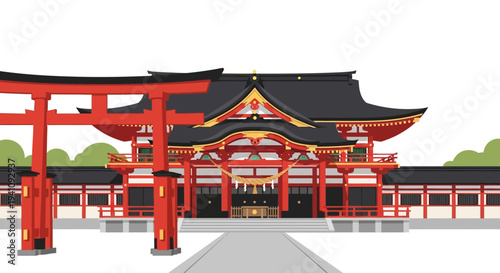 Traditional Japanese Shrine with Red Torii Gate and Lush Greenery