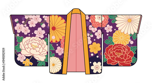 Traditional Japanese Kimono with Floral Pattern - Purple Silk Robe Illustration