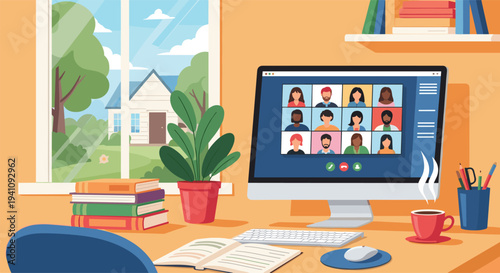 Remote work workspace with computer showing video conference meeting and stack of books on desk in a bright home office.