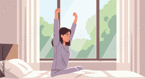Peaceful morning routine as a woman awakens in a sunlit room, gently stretching to greet the fresh start of a beautiful day with comfort and serenity