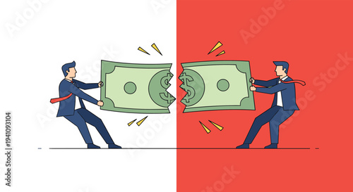 Two businessmen in tug of war tearing a dollar bill representing financial conflict, greed, and division of business assets.