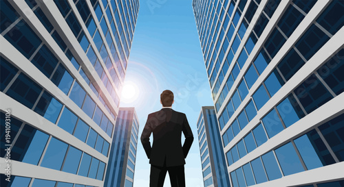 Ambitious businessman stands confidently between towering modern skyscrapers, looking towards a bright future and new opportunities in the urban corporate landscape, symbolizing vision and success