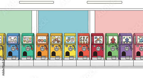Colorful Gachapon Machines Lined Up, Vending Toys and Novelties