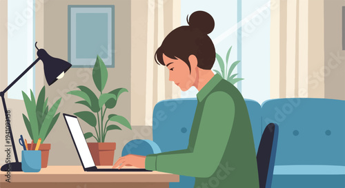 Focused young woman working remotely from her comfortable home office setup, embodying the modern digital lifestyle with a sense of calm productivity