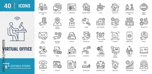 Virtual office icon set. Includes flexible, space, combination, technology, leasing. Outline icon set. Vector illustration with editable stroke