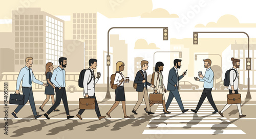 Diverse business people crossing street in city, commuting to work, modern urban lifestyle