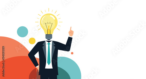 Creative businessman with light bulb head pointing up signifying a new bright idea and innovative solution for business growth.