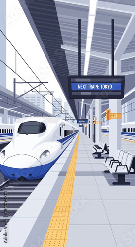 Modern bullet train arriving at a futuristic station platform, Tokyo bound