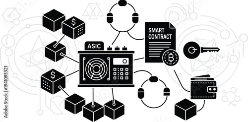 A blockchain network diagram illustrates cryptocurrency mining hardware, smart contracts, and digital wallets connected by various nodes.