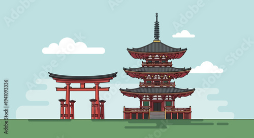 Pixel Art Japanese Pagoda and Torii Gate on Green Field with Clouds