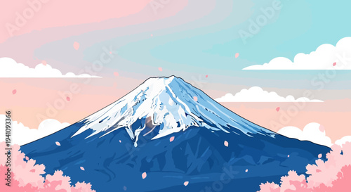 Pixel Art Mount Fuji with Cherry Blossoms and Pastel Sky
