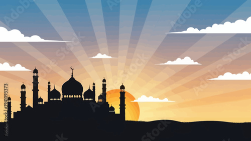 Sunset Silhouette of Islamic Mosque with Sun Rays and Clouds