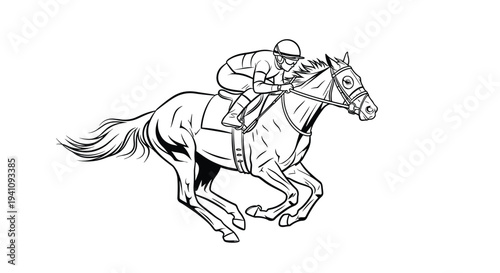 Line art drawing of a professional jockey riding a horse at full gallop during a racing competition on a white background.