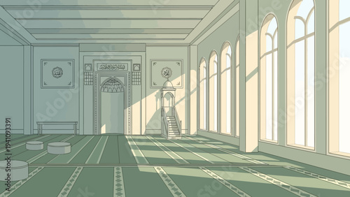 Sunlight Streaming into Empty Mosque Interior - Islamic Architecture