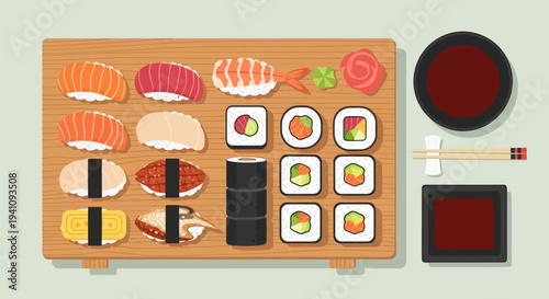 Assortment of Sushi and Rolls on a Wooden Board with Soy Sauce and Chopsticks