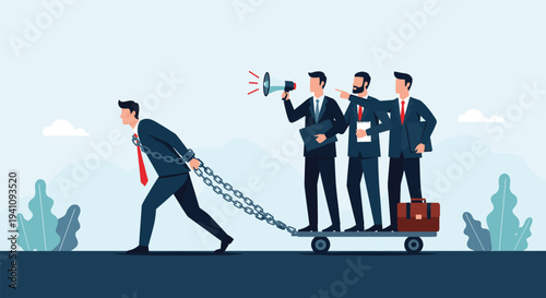 Hardworking manager pulling a group of lazy employees on a cart illustrating poor leadership and unfair team dynamics at work.