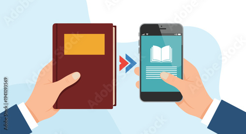 Digital transformation concept showing a paper book being converted into a modern mobile phone e-book for online learning.