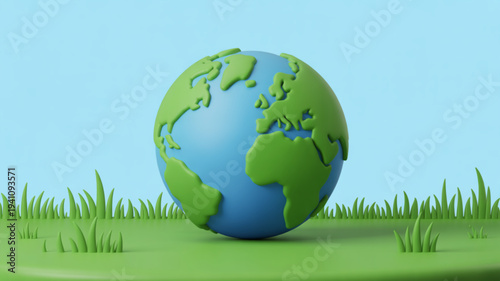 3d illustration of a globe on green grass with blue sky background representing earth