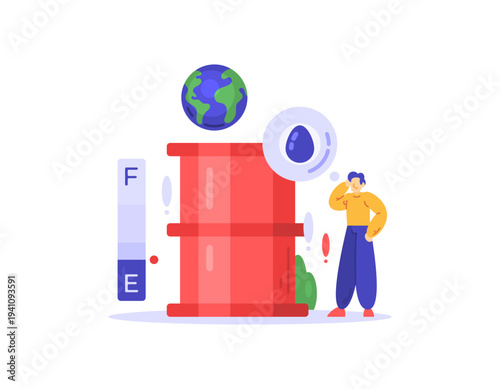The concept of a global fuel and energy crisis. Global fuel stocks or supplies are depleted. Illustration of a confused man running out of gasoline, oil barrels, and indicators. Metaphor, flat 
