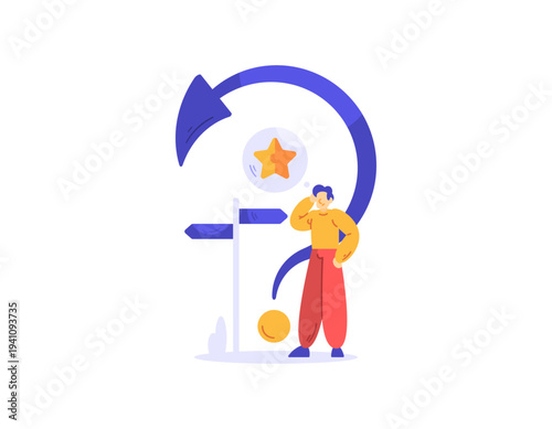the concept of decision making and problem solving. Direction or guidance on the right path and achieving success. Illustration of a man with a question mark symbol. Flat style illustration