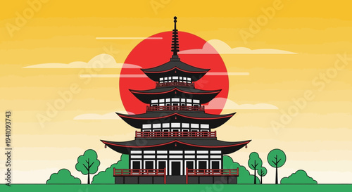 Traditional Japanese Pagoda Temple at Sunrise with Red Sun and Clouds