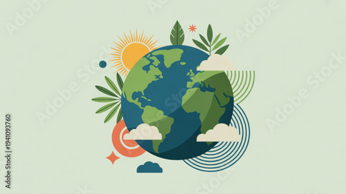 Earth surrounded by green leaves sun clouds and eco friendly symbols on a light green background representing environmental conservation and sustainability