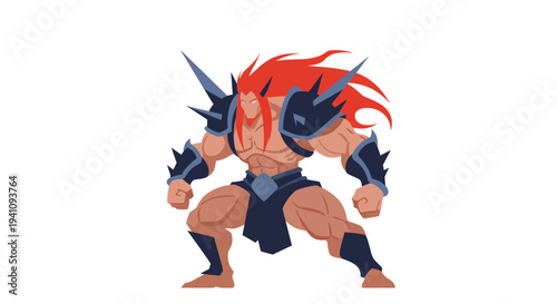 Powerful muscular fantasy warrior with long red hair and dark protective armor standing in a ready combat pose for battle.