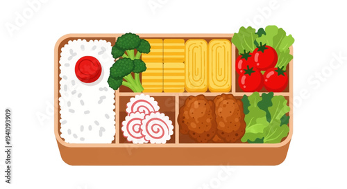 Japanese Bento Box Lunch: Rice, Broccoli, Tamagoyaki, Meatballs, Tomatoes, Lettuce