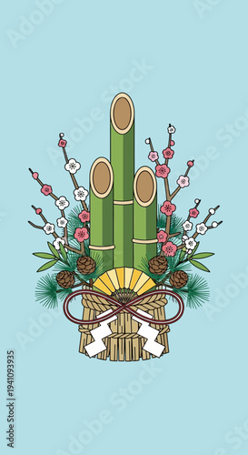 Kadomatsu: Traditional Japanese New Year Decoration with Bamboo, Pine, Plum Blossoms, and Fan